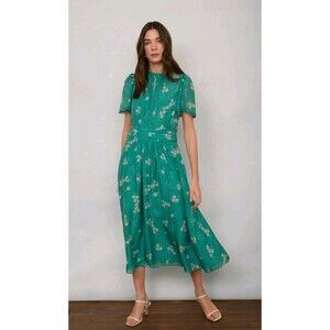 WYSE LONDON ARABELLA LAGOON GREEN FLORAL 100% SILK MIDI DRESS SIZE 4R US 10/12